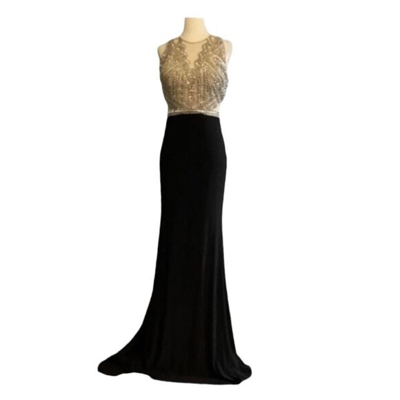 Xscape Sequin Beaded Prom Evening Gown Black Gold Silver Illusion Maxi Dress 4 - Picture 1 of 15